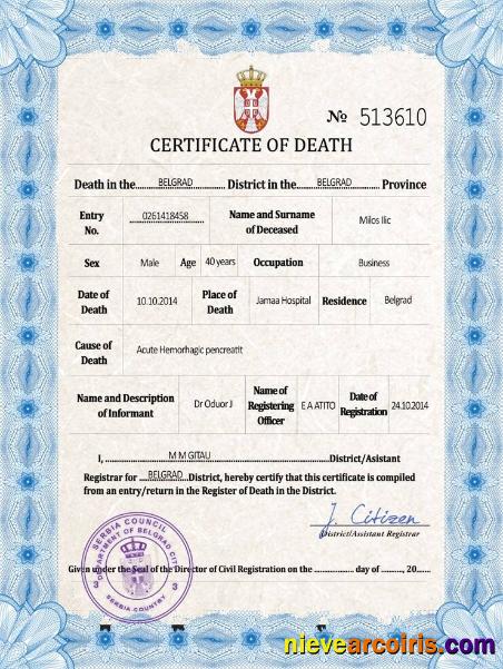 Serbia death certificate